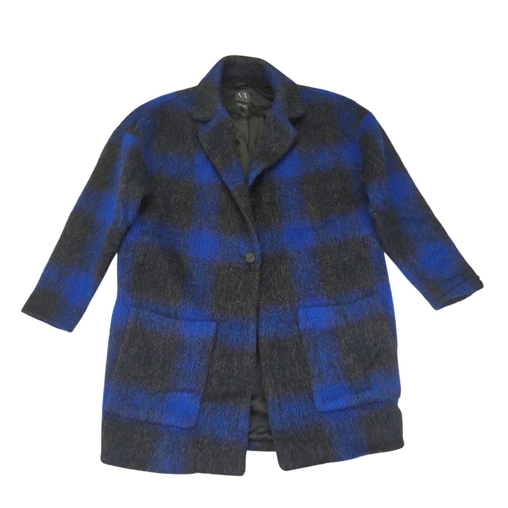 Armani‎ Exchange AX Coat Women's XS Oversized Blue Black Plaid Wool Blend Jacket
